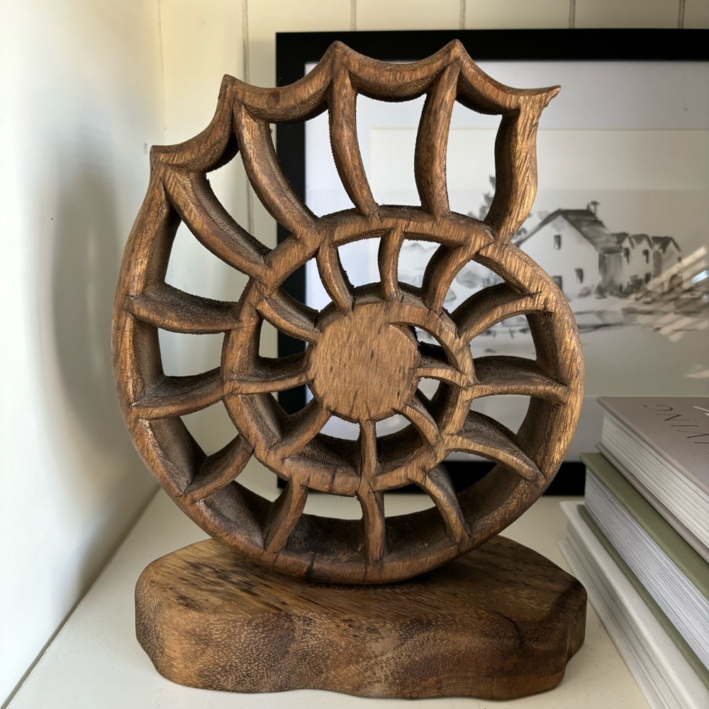 Vintage Coastal Hand Carved Wooden Seashell Sculpture